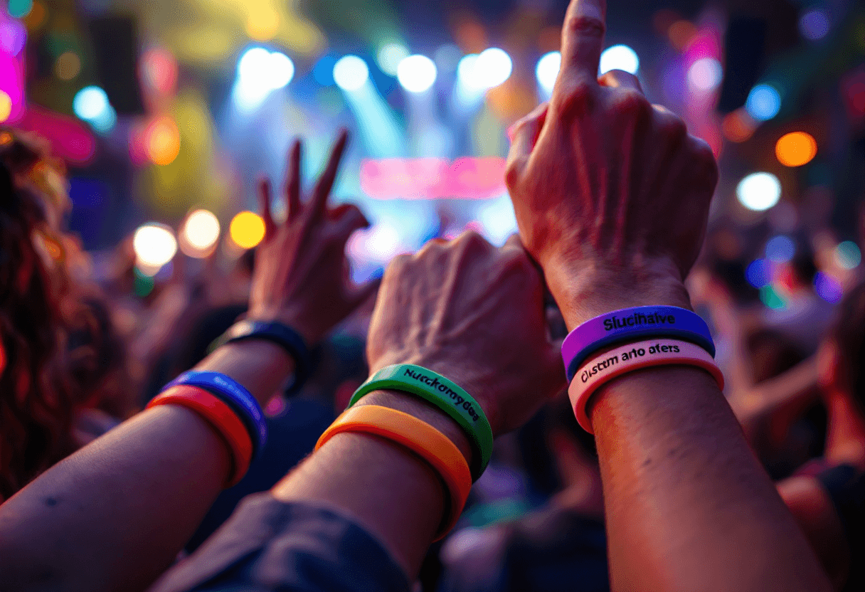 événement extérieur avec bracelets silicone personnalisés portés par bénévoles